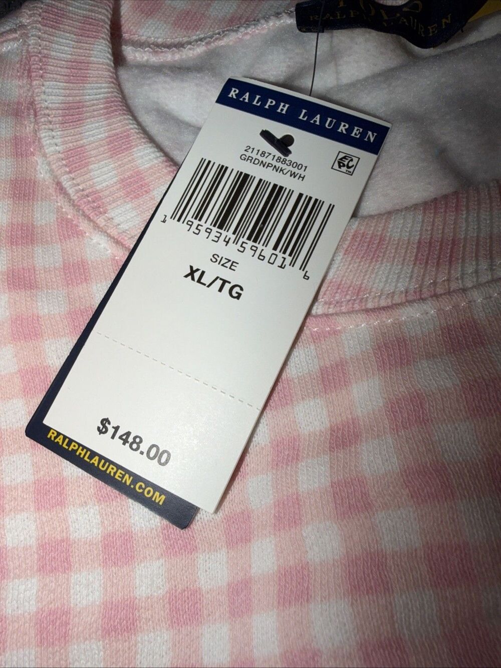 XLPolo Ralph Lauren Gingham Fleece Sweatshirt Pink White - Picture 5 of 13
